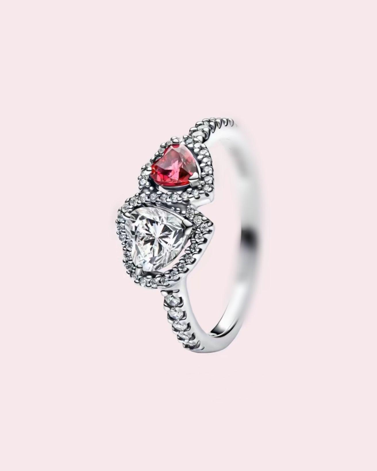 Silver Double Heart Shaped Ring + Pink Charm